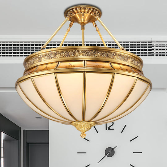 Colonial Brass Semi - Flush Mount With Inverted Frosted Glass For Living Room - 4 Lights