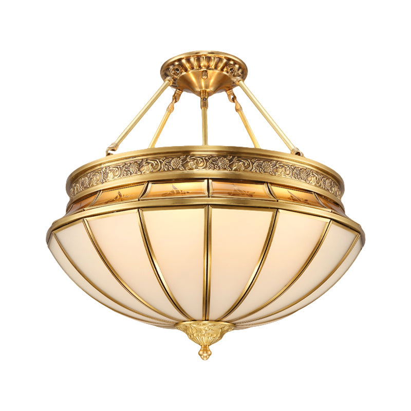 Colonial Brass Semi - Flush Mount With Inverted Frosted Glass For Living Room - 4 Lights