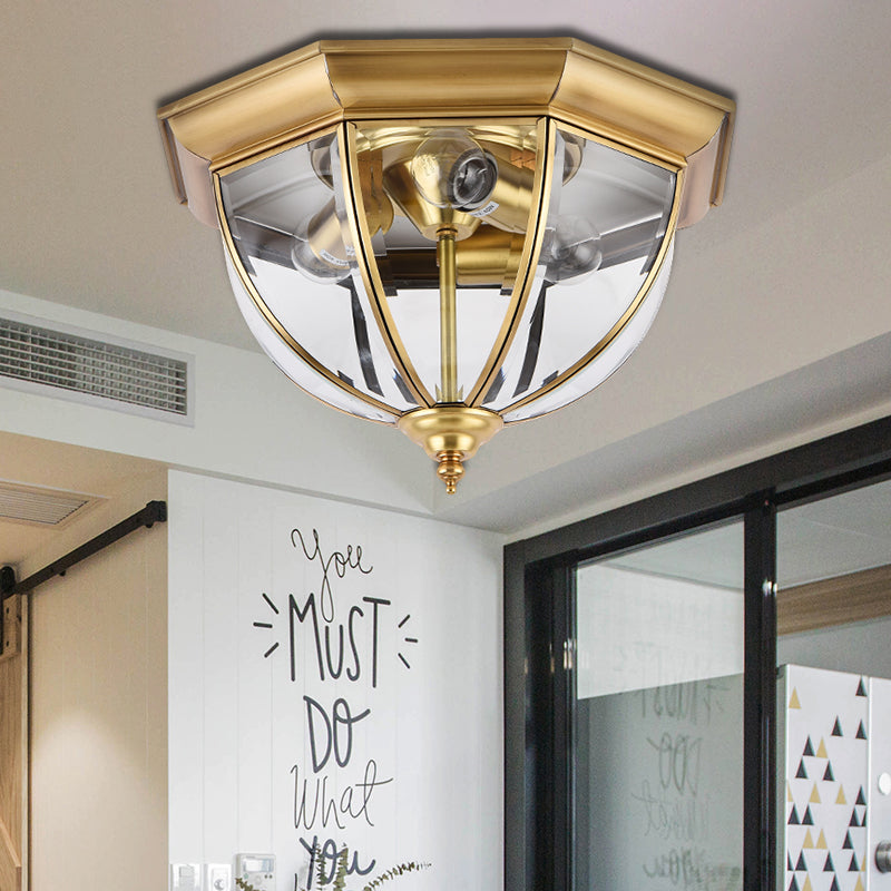 Colonial Style Brass Domed Flush Ceiling Light - 3 Lights Clear Glass Mount For Bedrooms