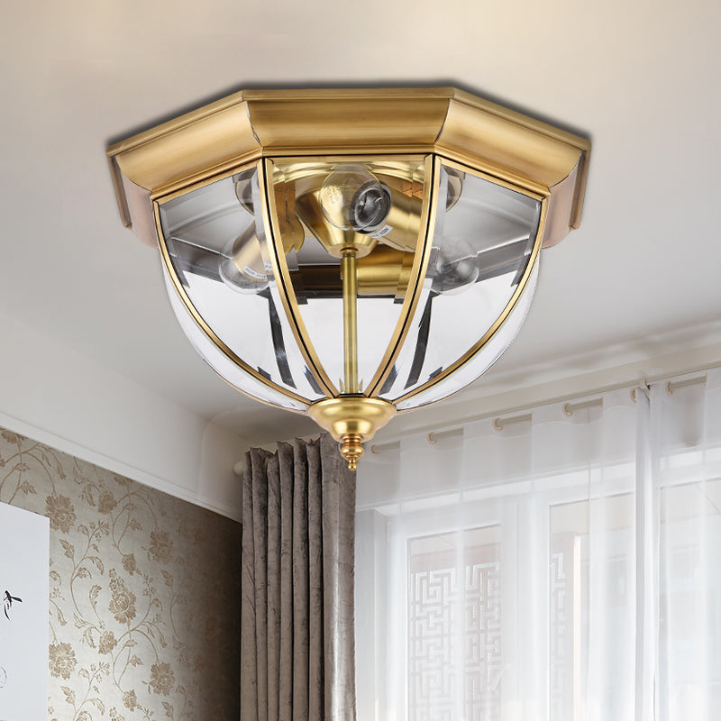 Colonial Style Brass Domed Flush Ceiling Light - 3 Lights Clear Glass Mount For Bedrooms