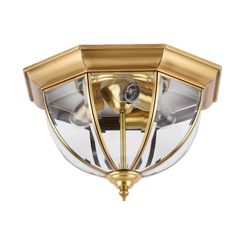 Colonial Style Brass Domed Flush Ceiling Light - 3 Lights Clear Glass Mount For Bedrooms