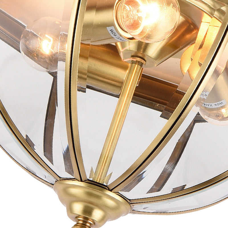 Colonial Style Brass Domed Flush Ceiling Light - 3 Lights Clear Glass Mount For Bedrooms