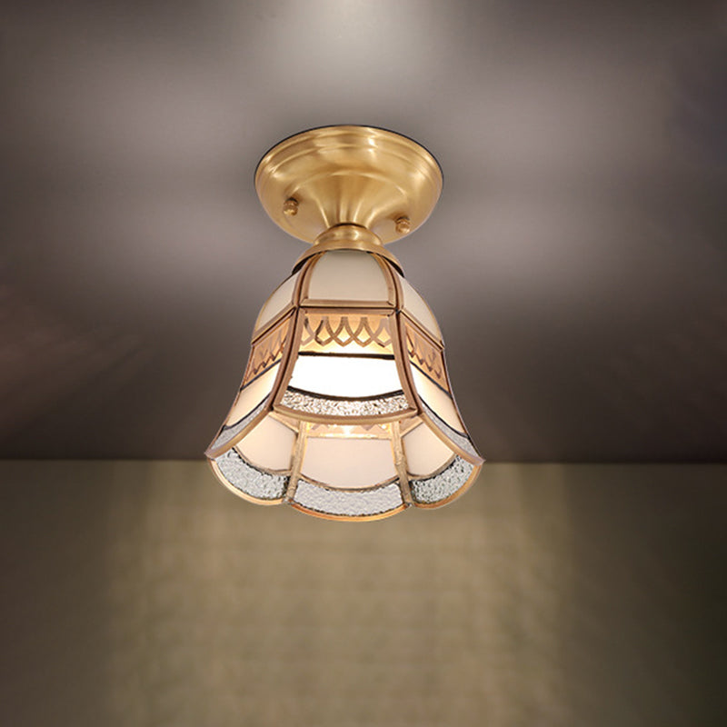 Classic Brass Tapered Flush Mount Light With Frosted Glass - 5/6.5 Wide 1-Light Colonial Style For