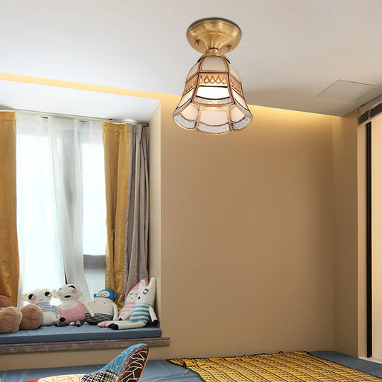 Classic Brass Tapered Flush Mount Light With Frosted Glass - 5’/6.5’ Wide 1-Light Colonial