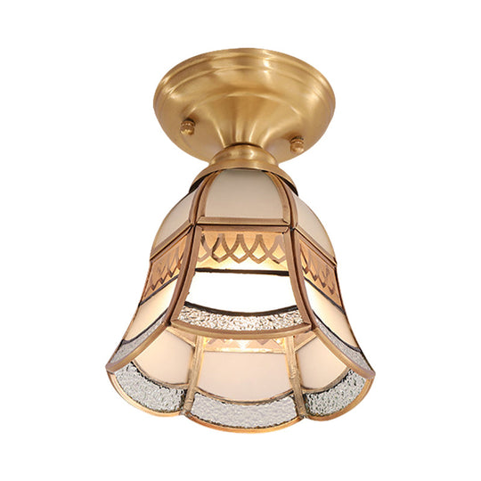 Classic Brass Tapered Flush Mount Light With Frosted Glass - 5/6.5 Wide 1-Light Colonial Style For