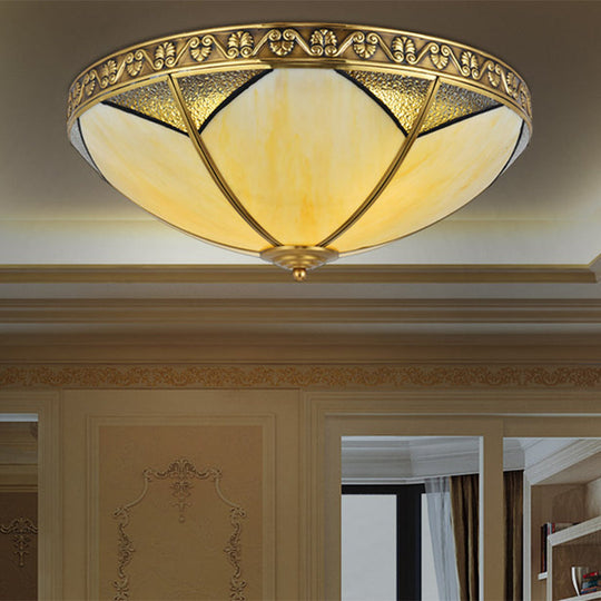 Beige Glass Flush Mount Brass Dome Ceiling Lamp - Perfect For Rural Living Room Lighting