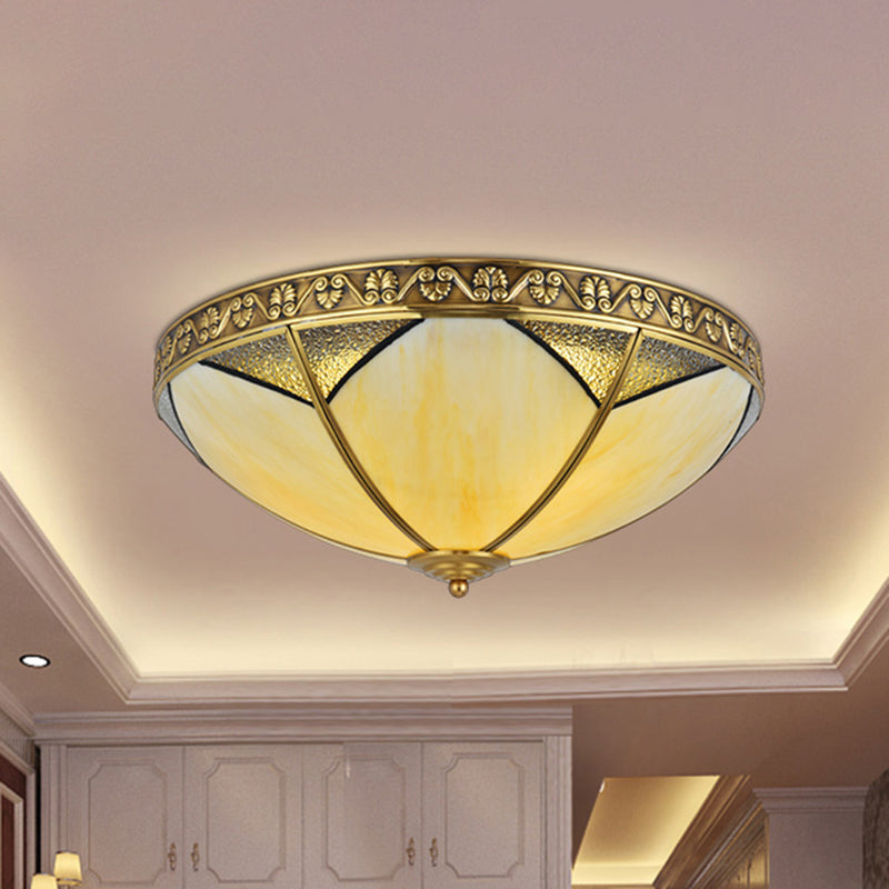 Beige Glass Flush Mount Brass Dome Ceiling Lamp - Perfect For Rural Living Room Lighting