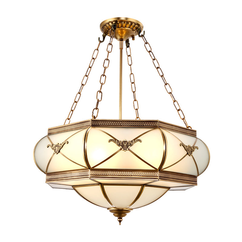 Traditional Brass Semi Flush Mount Ceiling Lamp With Opal Glass Drum – 4 Lights