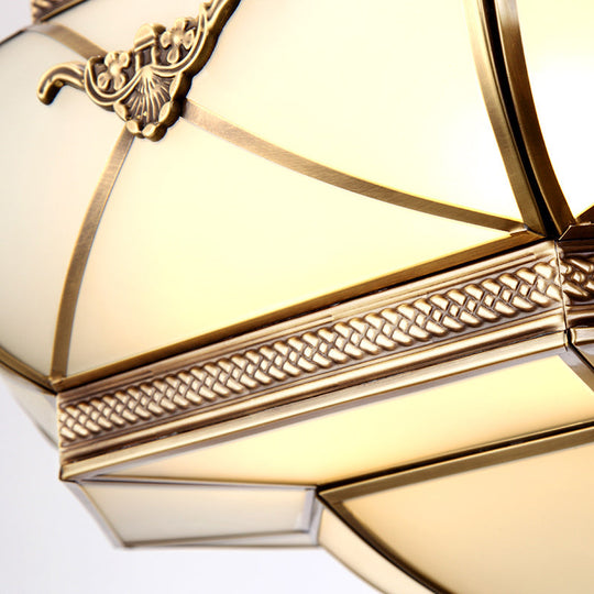 Traditional Brass Semi Flush Mount Ceiling Lamp With Opal Glass Drum – 4 Lights