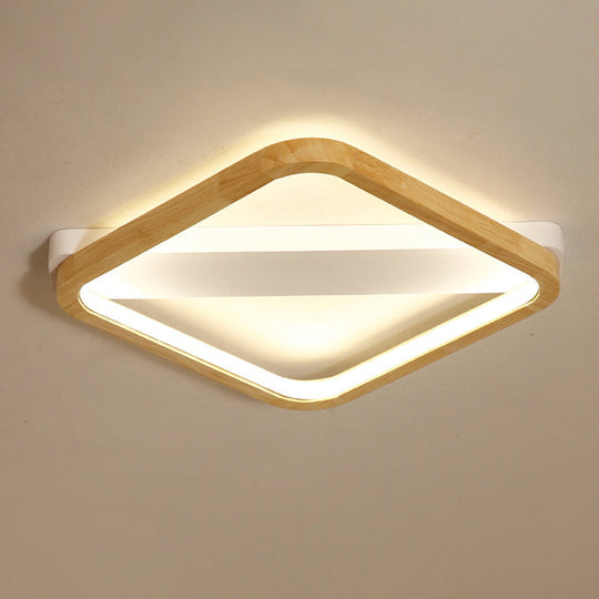 Simple Style Beige Led Ceiling Lamp For Bedroom - Wood Square Flush Light Fixture 13/17/21 Wide / 13