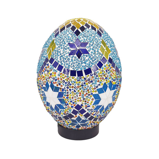 Vintage Blue Stained Glass Table Light For Bedroom Desk - 1-Light Elegant Oval Shade