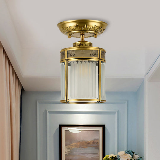 Traditional Brass Semi - Mount Cylinder Ceiling Lamp With 1 Light For Corridors