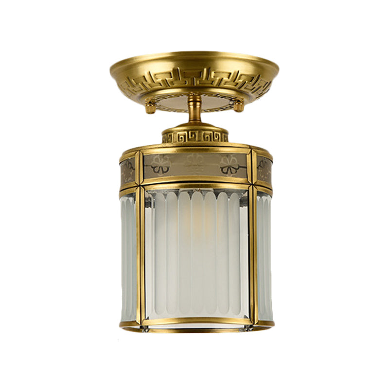 Traditional Brass Semi - Mount Cylinder Ceiling Lamp With 1 Light For Corridors
