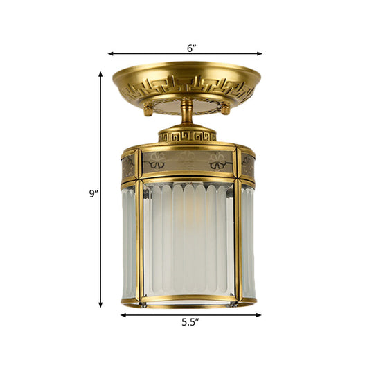 Traditional Brass Semi - Mount Cylinder Ceiling Lamp With 1 Light For Corridors