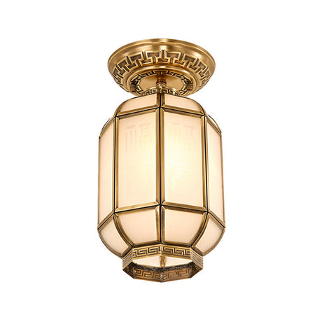 Frosted Glass Semi Flush Mount Lantern: Classic Brass Ceiling Fixture With 1 Light Ideal For