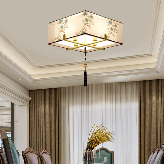 Classic Square Fabric Flush Light: 4 - Light Ceiling Mount For Bedroom (White)