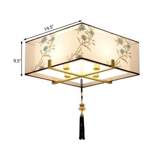 Classic Square Fabric Flush Light: 4 - Light Ceiling Mount For Bedroom (White)