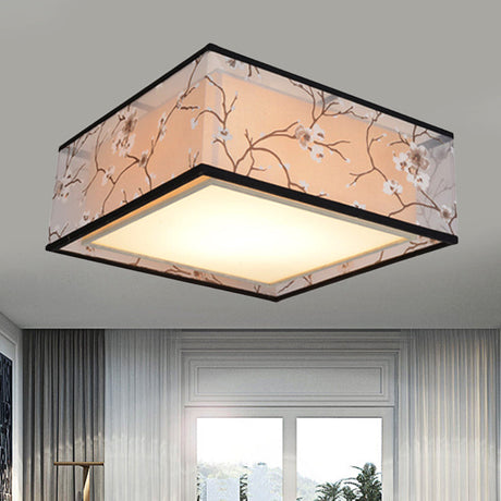 Traditional Style Fabric Square Flush Light - 4/5 Lights Ceiling Mount In White Various Sizes