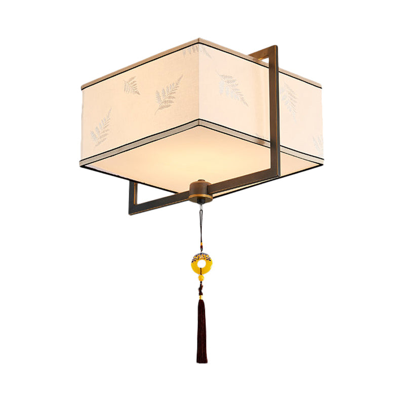 Square Flush Ceiling Light With 5 Fabric Lights – Traditional White Fixture For Bedroom