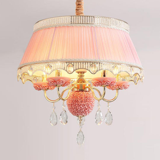Modern Scalloped Chandelier: 5 Heads Pink/Blue/Purple Fabric Hanging Ceiling Light With Crystal