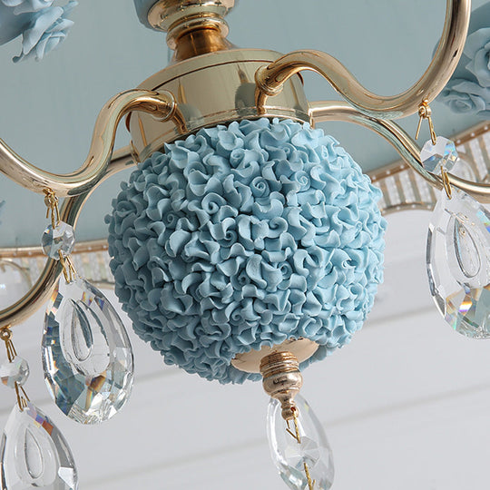 Modern Scalloped Chandelier: 5 Heads Pink/Blue/Purple Fabric Hanging Ceiling Light With Crystal