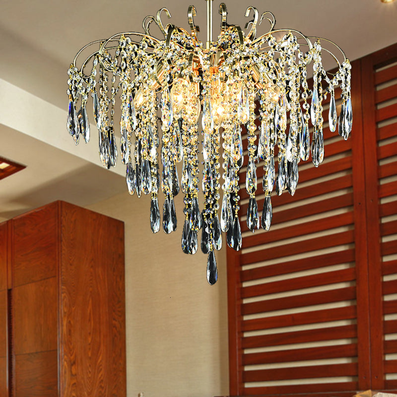 Sophisticated Cascade Crystal Drop Led Ceiling Light With Simple Gold Finish - 18’/19.5’ Wide