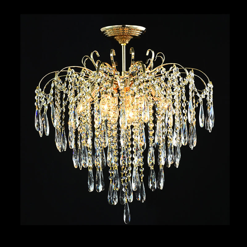 Sophisticated Cascade Crystal Drop Led Ceiling Light With Simple Gold Finish - 18’/19.5’ Wide