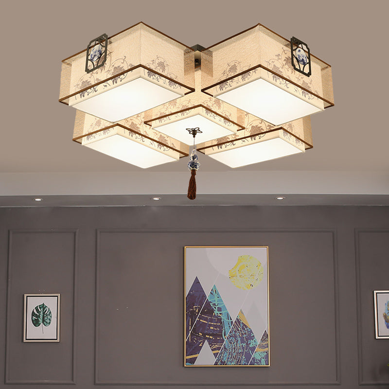 Classic White Flush Mount Ceiling Light - 5-Light Fixture With Rectangle Fabric Shade 20.5/28/35.5