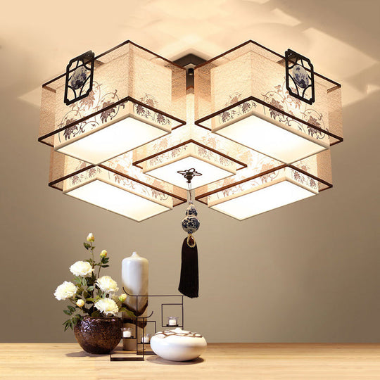 Classic White Flush Mount Ceiling Light - 5-Light Fixture With Rectangle Fabric Shade 20.5/28/35.5