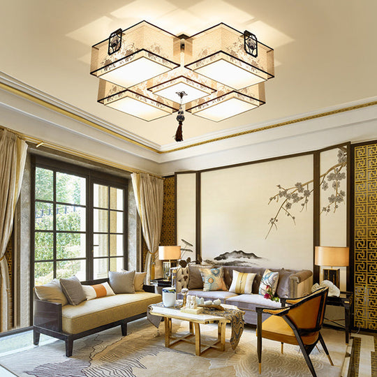 Classic White Flush Mount Ceiling Light - 5 - Light Fixture With Rectangle Fabric Shade