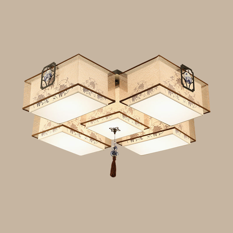 Classic White Flush Mount Ceiling Light - 5-Light Fixture With Rectangle Fabric Shade 20.5/28/35.5