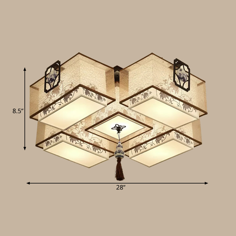 Classic White Flush Mount Ceiling Light - 5-Light Fixture With Rectangle Fabric Shade 20.5/28/35.5