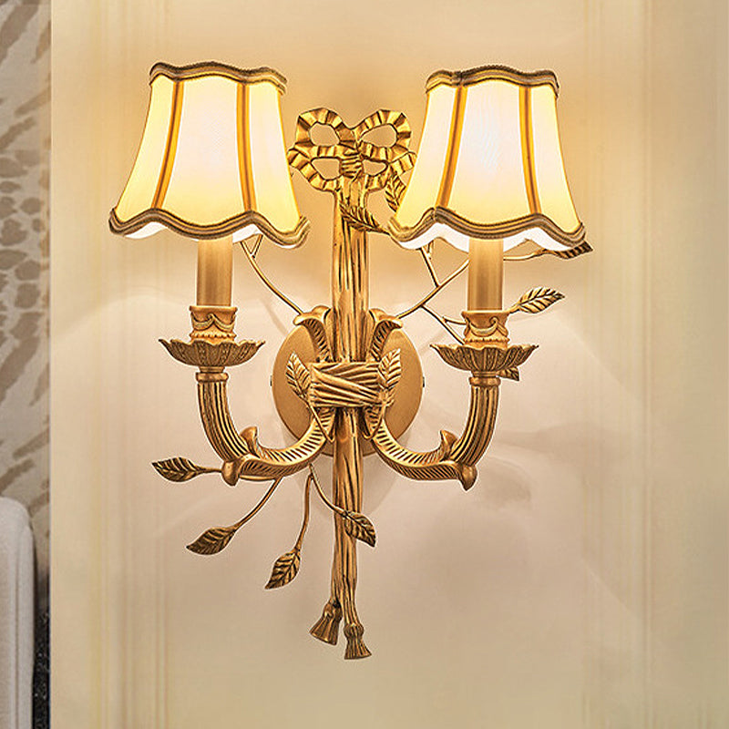 Vintage Brass Wall Sconce With Empire Shade And Curved Metal Arm - 2 Lights