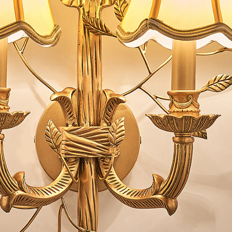 Vintage Brass Wall Sconce With Empire Shade And Curved Metal Arm - 2 Lights