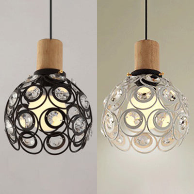 Industrial Dome Hanging Ceiling Light With Crystal Bead Deco - 1 Head Pendant In Black/White For