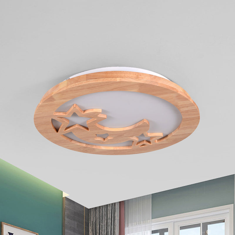 Contemporary Wood Led Ceiling Lamp With Carved Moon And Star Design - Natural Flush Mount Light For