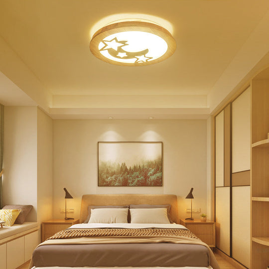 Contemporary Wood Led Ceiling Lamp With Carved Moon And Star Design - Natural Flush Mount Light For