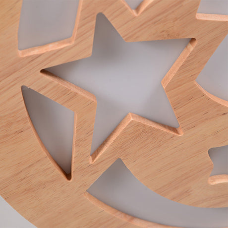 Contemporary Wood Led Ceiling Lamp With Carved Moon And Star Design - Natural Flush Mount Light For