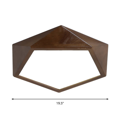 Minimalist Brown Wooden Flush Mount Led Ceiling Lamp - Faceted Pentagon Design (13/16/19.5 Wide)