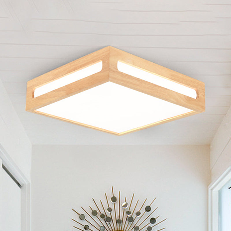 Minimalist Led Flush Light With Acrylic Shade And Natural Wood Square Box Ceiling Lighting In