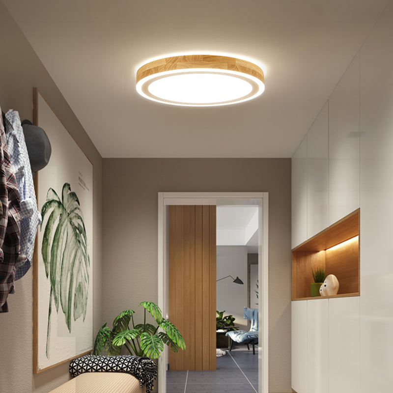 Nordic Dual Halo Ring Flush Mount Lamp - 12’/15’ Dia Wooden Led Ceiling Lighting In Beige Ideal