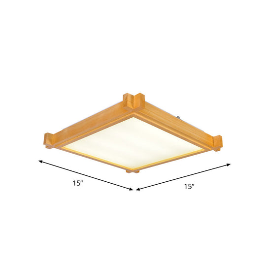 Minimalist Led Flush Mount Light For Living Room - Beige Ceiling Lighting With Wooden Square Shade