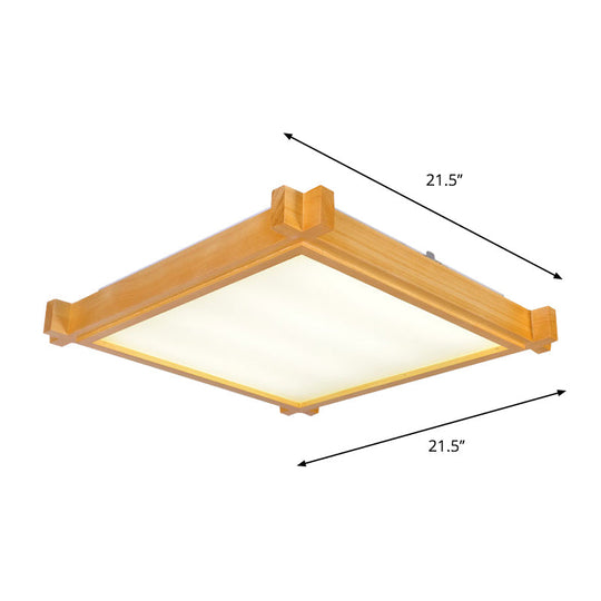 Minimalist Led Flush Mount Light For Living Room - Beige Ceiling Lighting With Wooden Square Shade