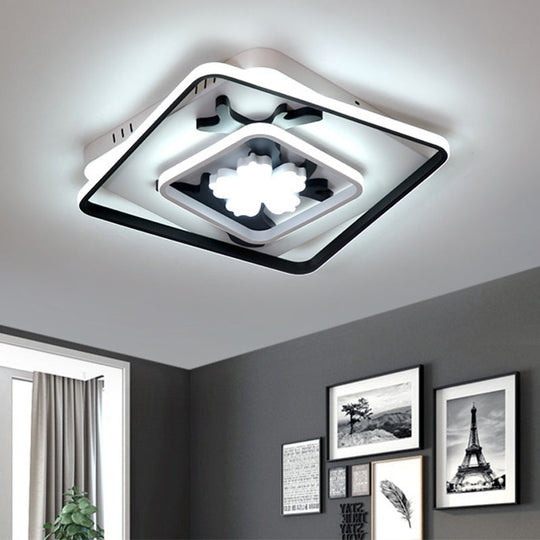 Modern Acrylic Black Square Flush Mount Lamp - Led Ceiling Light (19.5/23.5 Wide) With Flower