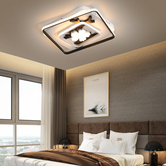 Modern Acrylic Black Square Flush Mount Lamp - Led Ceiling Light (19.5/23.5 Wide) With Flower
