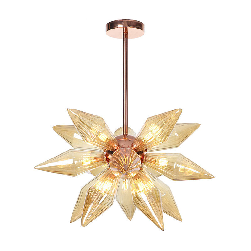 Modern 9/12-Head Amber Glass Diamond Chandelier Pendant Light In Rose Gold – Ideal For Living