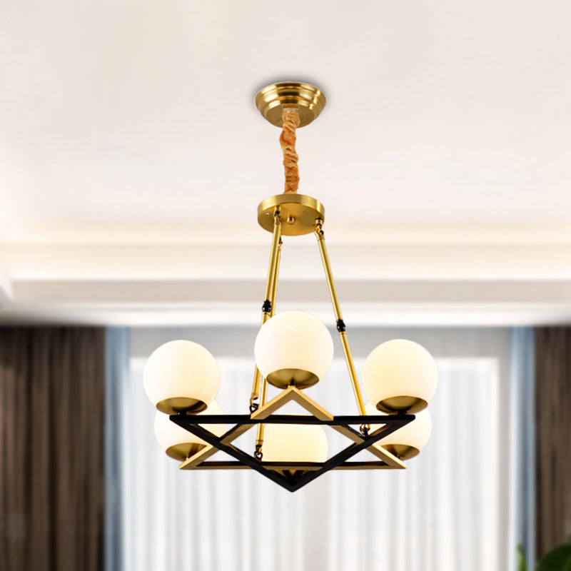 Postmodern Polygon Metal Chandelier 6/8 Heads - Brass Hanging Ceiling Light With White Globe Glass