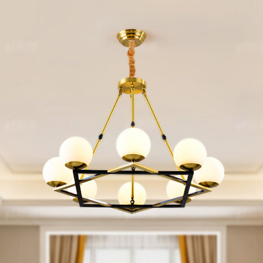 Postmodern Polygon Metal Chandelier With Brass Finish And Globe White Glass Shades 8 /