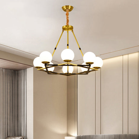 Postmodern Polygon Metal Chandelier 6/8 Heads - Brass Hanging Ceiling Light With White Globe Glass