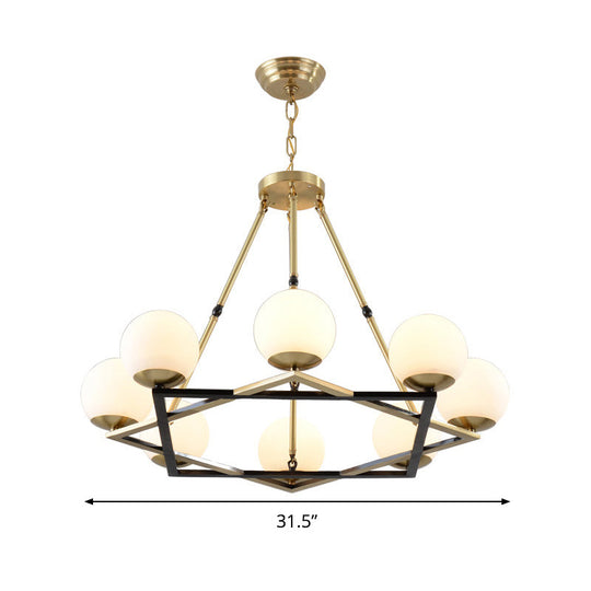 Postmodern Polygon Metal Chandelier With Brass Finish And Globe White Glass Shades
